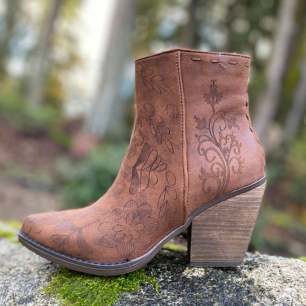 Very G Sophia Tan Western Boot With Floral Design